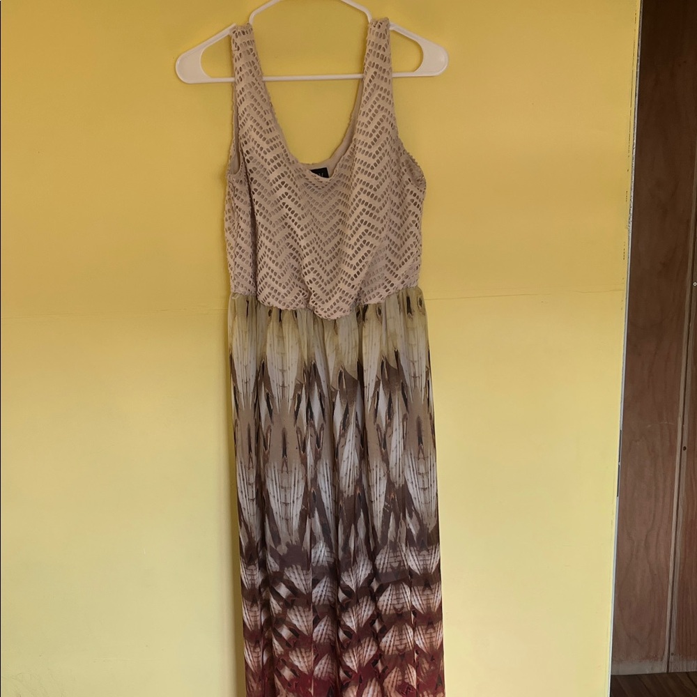 AUW Sleeveless Cream and Brown Patterned Maxi Dress